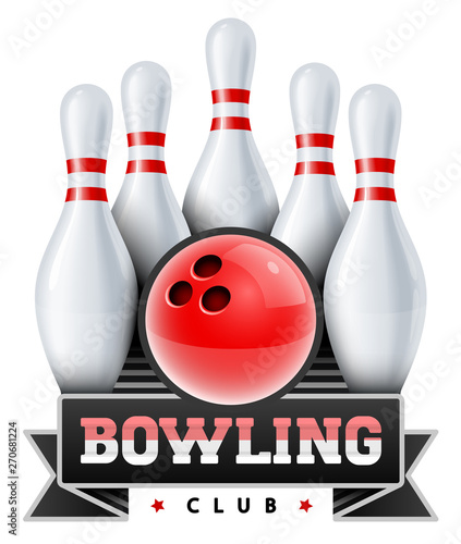 Bowling club. Skittles and ball for playing bowling game. Sport and amusement sign. Template for design with ribbon and hand-drawn title, Isolated on white background. Eps10 vector illustration.
