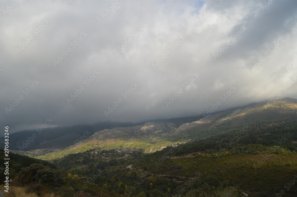 The Mountain Range Very Cloudy To The Background In Valverde De Los Arroyos. October 18, 2013. Valverde De Los Arroyos, Black Village, Guadalajara, Castilla La Mancha, Spain. Rural Tourism