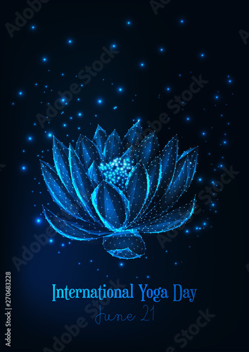 International yoga day poster template with glowing low polygonal water lily, lotus flower.