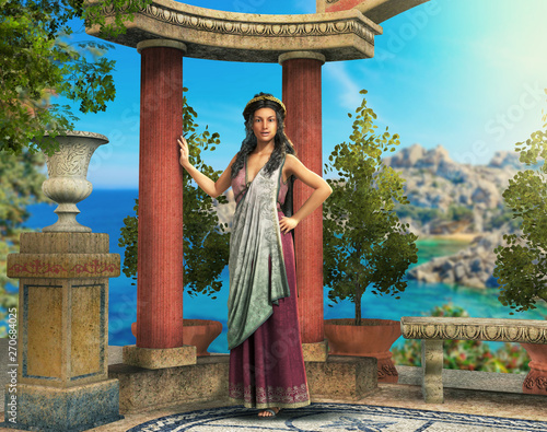 Beautiful Roman Greek woman in mediterranean setting photo