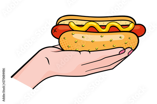 hand holding hot dog vector illustration
