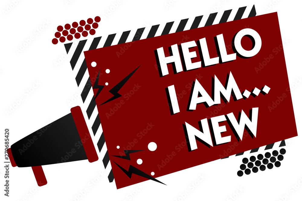 Conceptual hand writing showing Hello I Am... New. Business photo text Introduce yourself Meeting Greeting Work Fresh worker School Multiple text pattern red rectangle plate sound speaker design