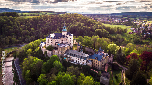 Aerial view of Medieval Gothic and Renaissance style castle on top of the hill in Frydlant  Czech Republic.