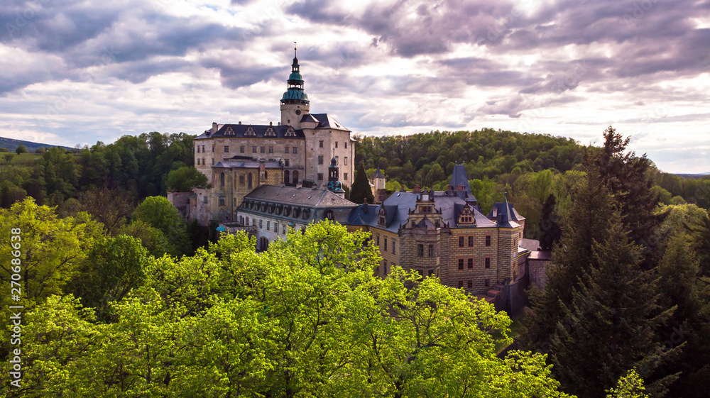 Obraz premium Aerial view of Medieval Gothic and Renaissance style castle on top of the hill in Frydlant, Czech Republic.