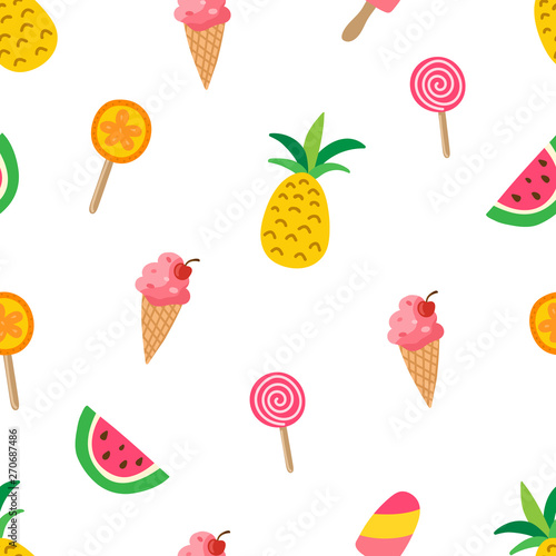 Sweet summer pattern with pineapples, watermelons, ice cream, lolipops. Colorful summer texture with tropical fruits. Modern template for print, banner, poster. Vector illustration