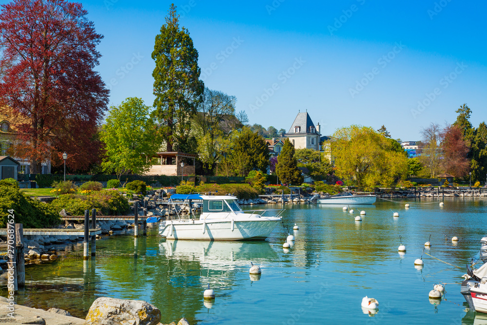 Little port on Geneva Lake in Lausanne city