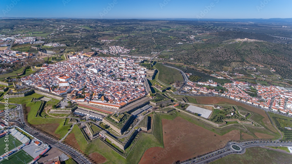 Aerial. Villa Elvas city filmed from the sky.