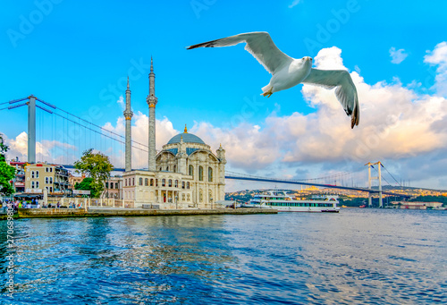 Print op canvas Ortakoy mosque and Bosphorus bridge, Istanbul, Turkey
