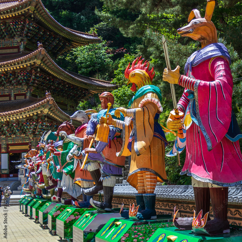 Zodiac Signs: A row of Statue. Paper lantern of astrological sign in a buddhist temple in South Korea. Guinsa, Danyang Region, South Korea, Asia.