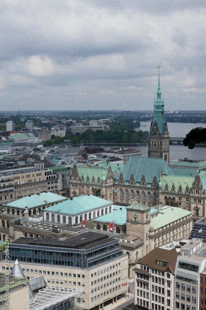 View from the tower of the Nikolaikirche to the town hall, the Alster and the city of HAMBURG, GERMANY, EUROPE  