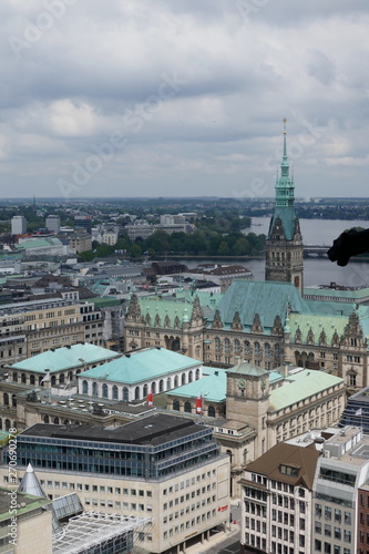 View from the tower of the Nikolaikirche to the town hall, the Alster and the city of HAMBURG, GERMANY, EUROPE 