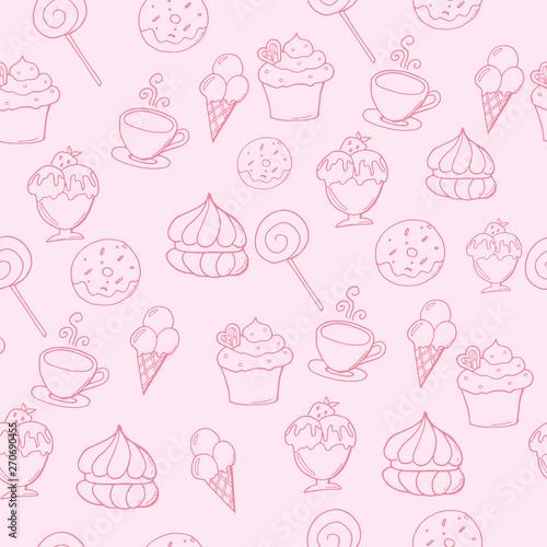 Hand drawn vector seamless pattern with desserts.  
