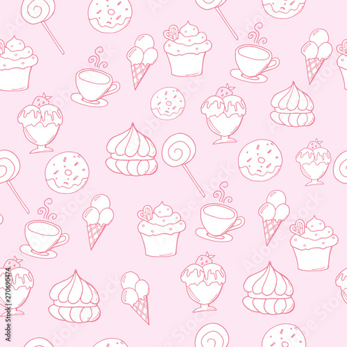 Hand drawn vector seamless pattern with desserts.  