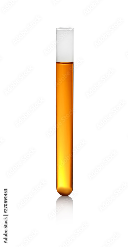 Test tube of color liquid isolated on white. Solution chemistry Test tube of color liquid isolated on white. Solution chemistry