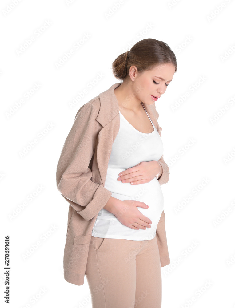 Young pregnant woman suffering from pain on white background. Working while expecting baby Young pregnant woman suffering from pain on white background. Working while expecting baby