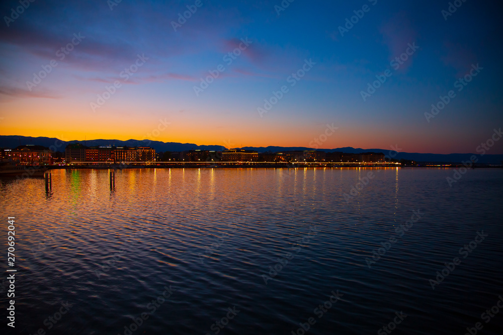 View of Geneva City and Lake after sunset