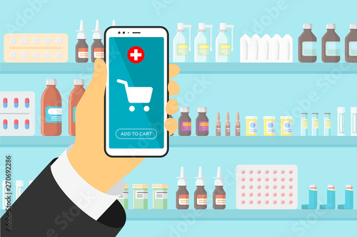 Hand with smartphone online mobile pharmacy shopping app with button add to cart. Medicine pills capsules bottles vitamins and tablets on interior store shelves. Flat style vector illustration