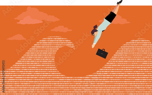 Business woman diving into a wave of computer code, EPS 8 vector illustration