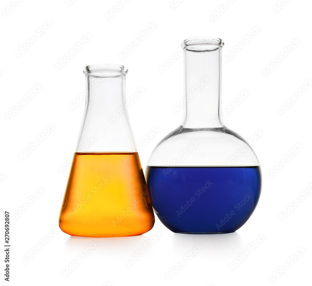 Chemistry glassware with color samples isolated on white Chemistry glassware with color samples isolated on white
