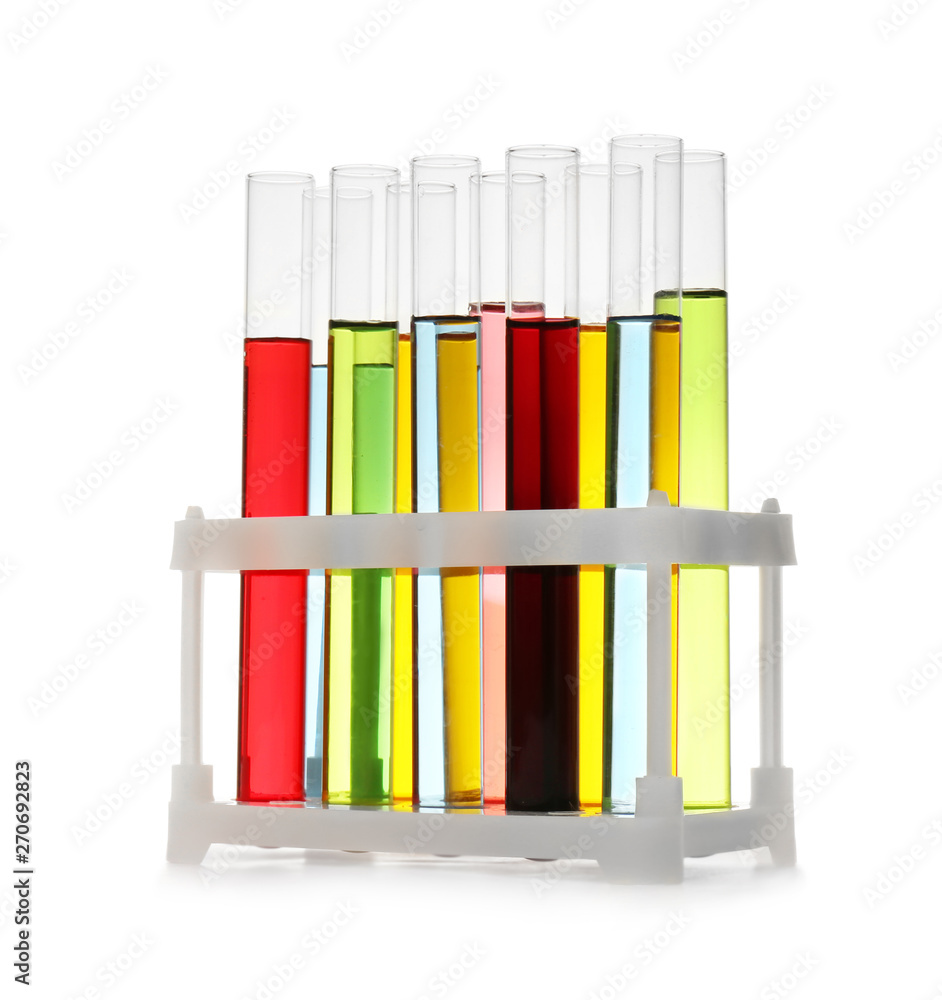 Chemistry test tubes in rack with samples isolated on white Chemistry test tubes in rack with samples isolated on white