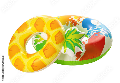 Different bright inflatable rings on white background. Summer holidays