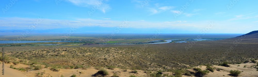 River Ili panorama from Singing dune in Altyn-Emel
