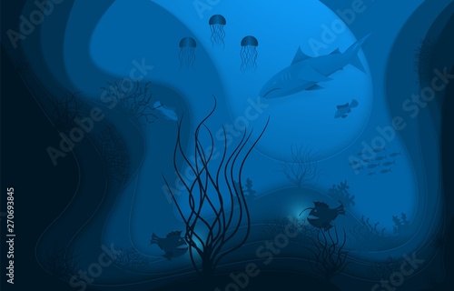Underwater world, paper style Kraft, underwater ocean life. Deep-sea fish and algae. Vector
