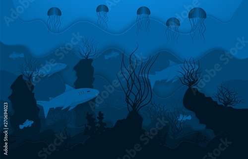 Underwater world, paper style Kraft, underwater ocean life. Deep-sea fish and algae. Vector