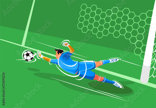 Vector illustration of a football goalkeeper, in a jump hits the ball flying into the football goal on the field