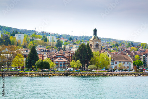 Shore of Lake Geneva in Evian-les-Bains city in France