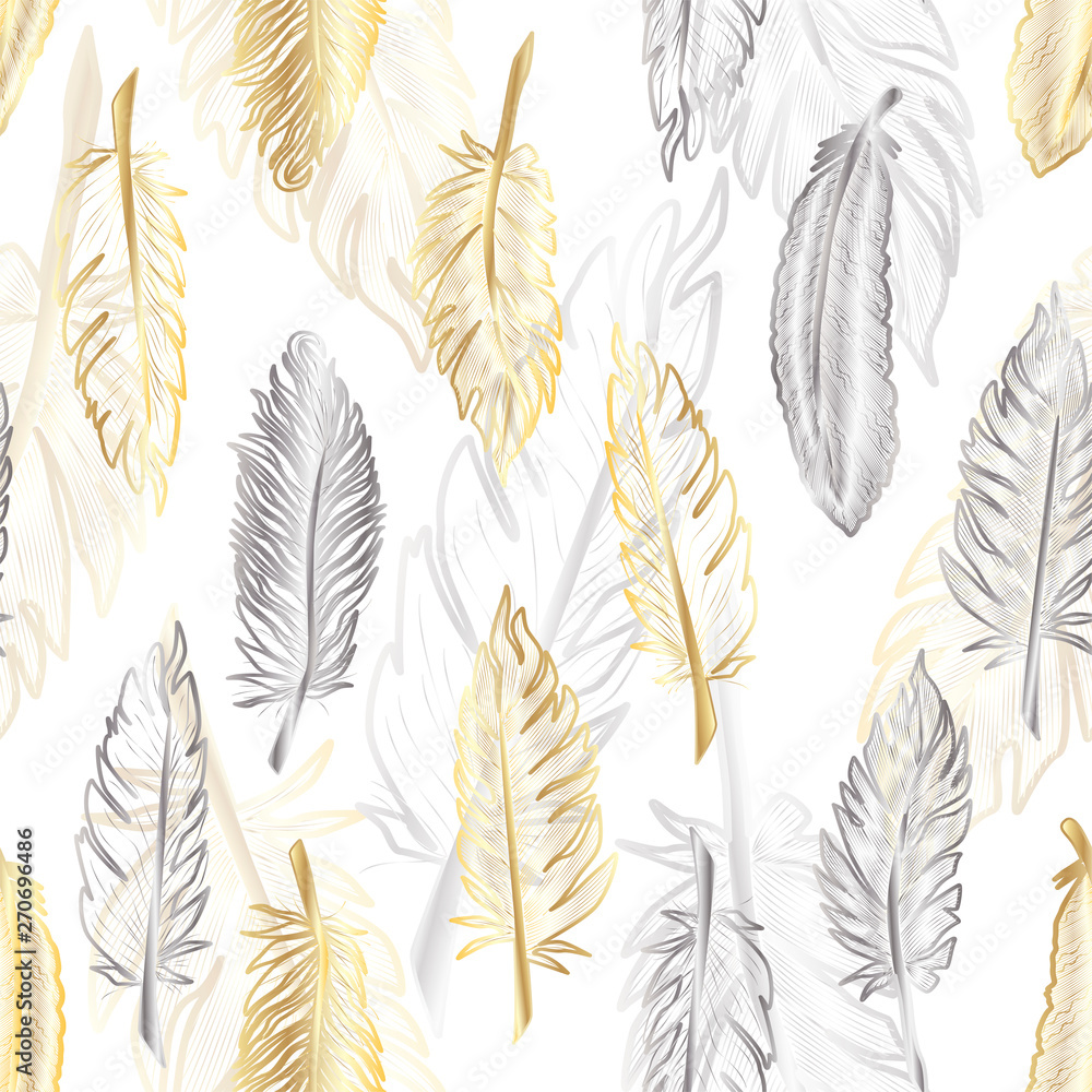 Fototapeta Seamless pattern with of gold and silver feather. Vector illustration. EPS 10