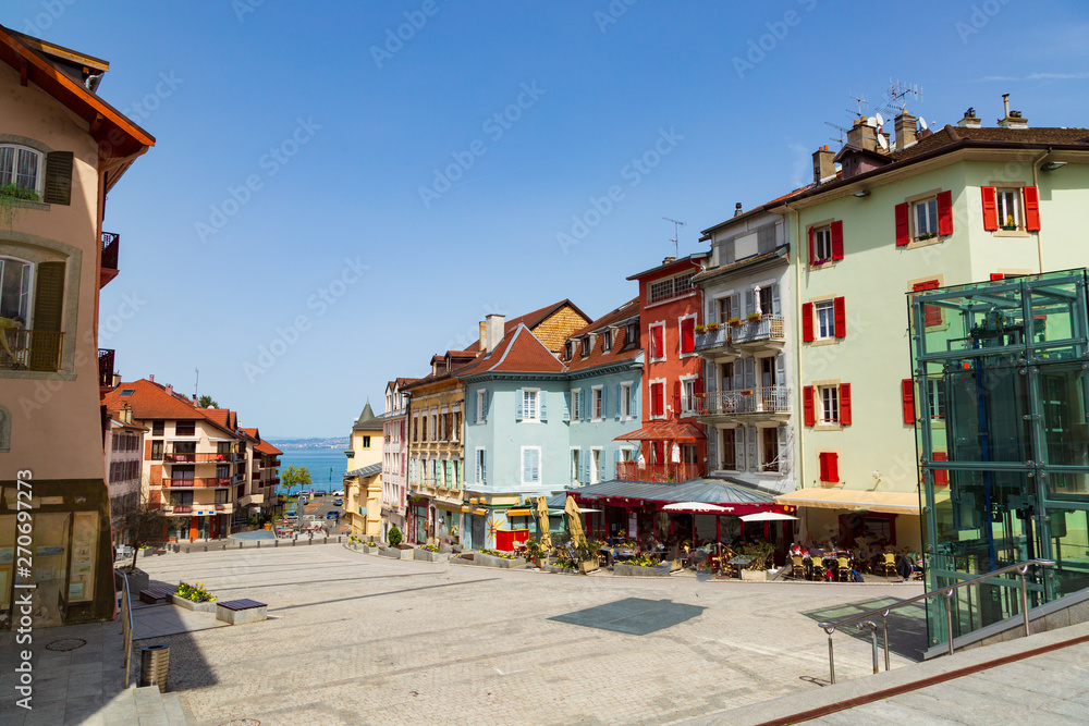 Old town buildings in Evian-les-Bains city in France