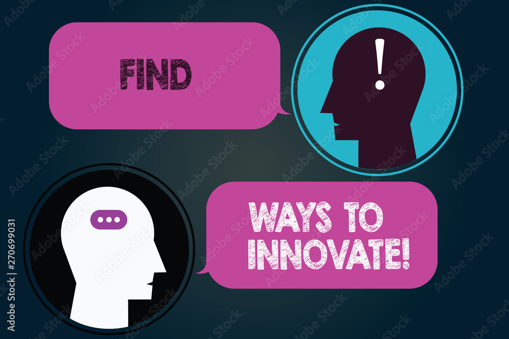 Conceptual hand writing showing Find Ways To Innovate. Business photo showcasing Have a creative mind full of ideas inspiration Messenger Room with Chat Heads Speech Bubbles Punctuations Conceptual hand writing showing Find Ways To Innovate. Business photo showcasing Have a creative mind full of ideas inspiration Messenger Room with Chat Heads Speech Bubbles Punctuations