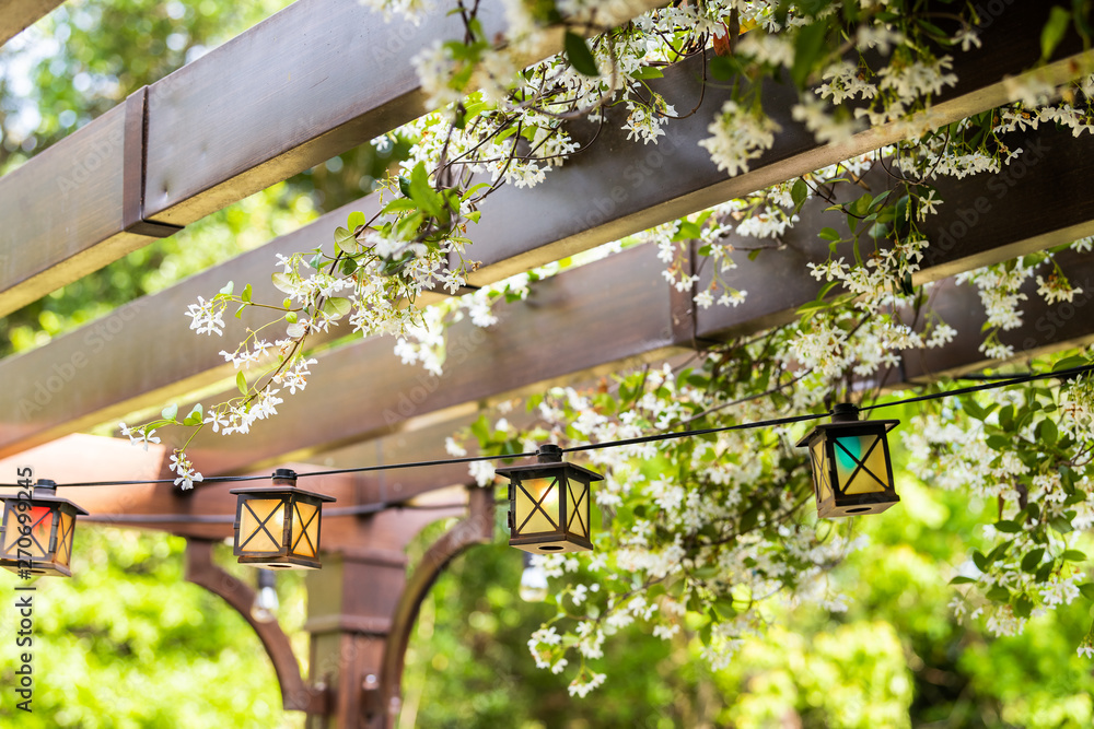 Patio outdoor spring garden in backyard of home with lantern lamps