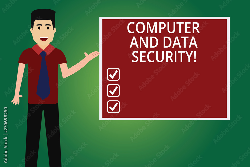 Word writing text Computer And Data Security. Business concept for Online software safety password protection Man with Tie Standing Talking Presenting Blank Color Square Board photo Word writing text Computer And Data Security. Business concept for Online software safety password protection Man with Tie Standing Talking Presenting Blank Color Square Board photo