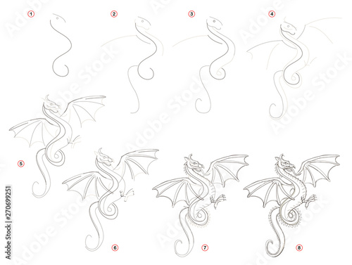 Educational page for children shows how to create step by step a pencil drawing of fantastic eastern dragon. Print for artists school textbook. Developing skills for drawing. Hand-drawn vector image.