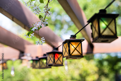 Patio outdoor spring garden in backyard of home with closeup of lantern lamps lights hanging from pergola canopy wooden gazebo and plants white flowers