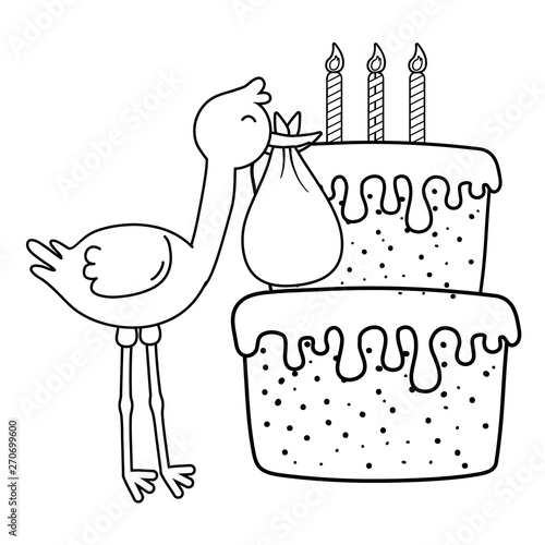 stork with birthday cake in black and white photo