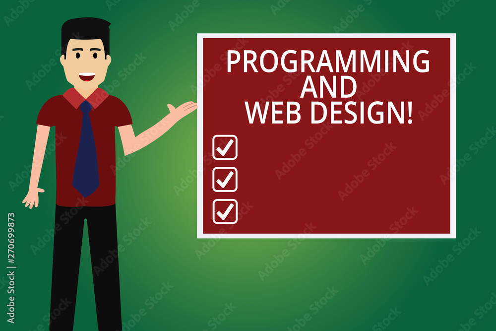 Word writing text Programming And Web Design. Business concept for Website development Designing web pages Man with Tie Standing Talking Presenting Blank Color Square Board photo Word writing text Programming And Web Design. Business concept for Website development Designing web pages Man with Tie Standing Talking Presenting Blank Color Square Board photo