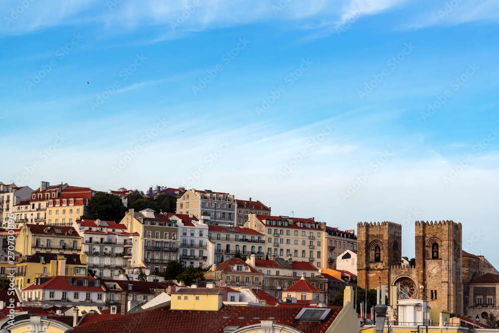 High angle view of typical houses and Lisbon Cathedral ( Sé de Lisboa)