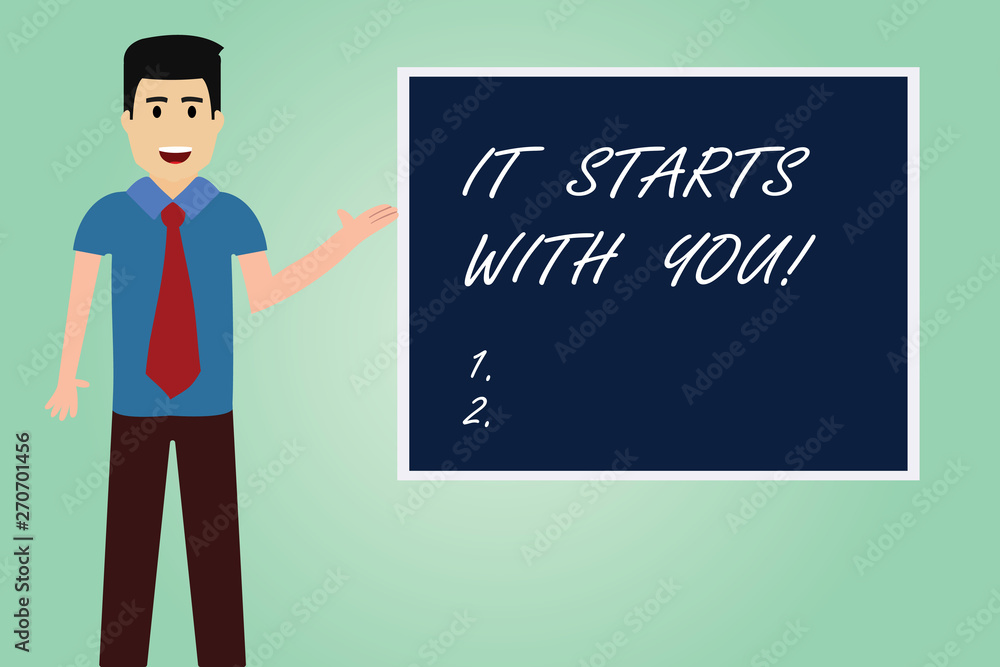 Handwriting text writing It Starts With You. Concept meaning Motivation for starting doing something Have discipline Man with Tie Standing Talking Presenting Blank Color Square Board photo Handwriting text writing It Starts With You. Concept meaning Motivation for starting doing something Have discipline Man with Tie Standing Talking Presenting Blank Color Square Board photo