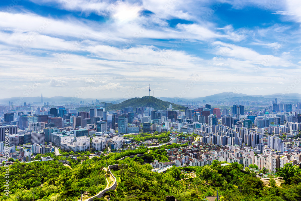 Summer and  Skyline of Seoul downtown , Seoul Tower and Lotte Tower in Seoul,South Korea