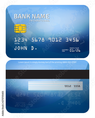 Bank card. Modern credit card template design in color blue with subtle world map background