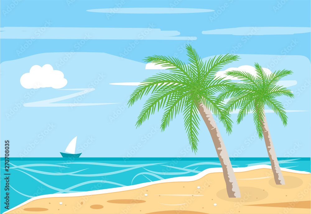 vector illustration a sandy beach summer sea background with a palm leaves