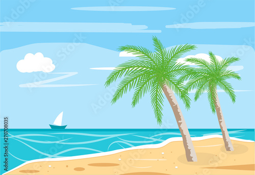 Fototapeta Naklejka Na Ścianę i Meble -  vector illustration a sandy beach summer sea background with a palm leaves