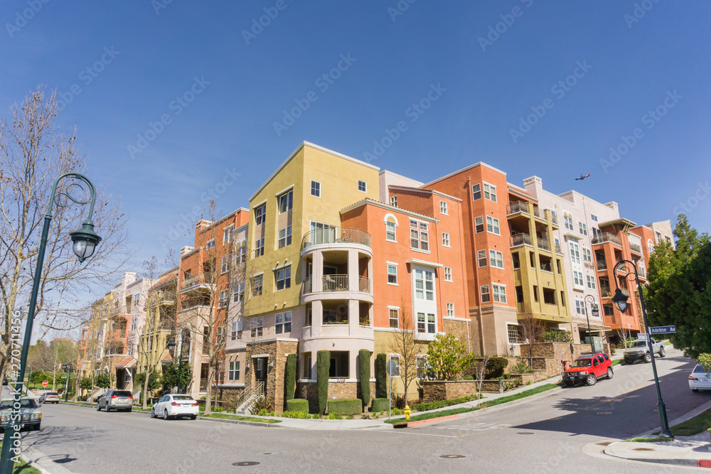 Residential multifamily building situated on a corner on top of telecommunication hill, San Jose, California