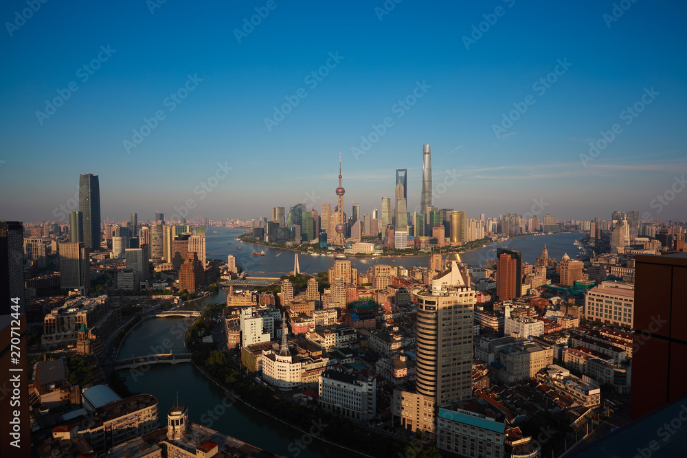 Aerial photography bird view at Shanghai bund Skyline