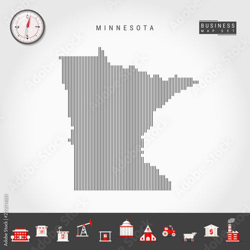 Vector Vertical Lines Pattern Map of Minnesota. Striped Simple Silhouette of Minnesota. Realistic Compass. Business Infographic Icons.