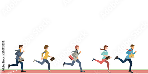 Business people run to finish line team leader competition win isolated on white.