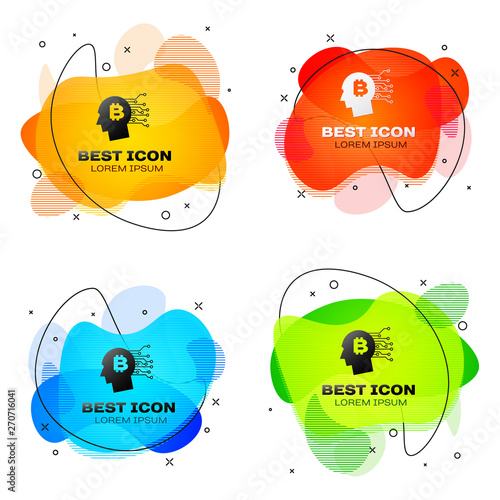 Black Bitcoin think icon isolated. Cryptocurrency head. Blockchain technology, bitcoin, digital money market, cryptocoin wallet. Set of liquid color abstract geometric shapes. Vector Illustration